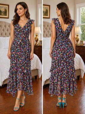 AMUR | Dresses | Amur Dominique Pleated Lace Print Tiered Maxi Dress  Pinkred | Poshmark